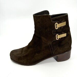 Stuart Weitzman Brown Suede Brass Buckle Stacked Heel Zipper 7 Ankle Boots